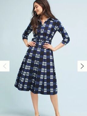 Anthropologie SSUNG Size 4. 💙🤍🩶Navy and White Checked Midi Shirt Dress with Belt